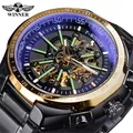 Orologio meccanico scheletrato T-Winner da uomo con ghiera dorata e lancette luminose - Cinturino Nero Ghiera Oro Quadrante Nero