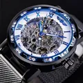 Montre mécanique squelette homme avec chiffres romains bleus et maille - Boîtier Noir Cadran Blanc Marqueur Bleu