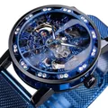 Winner men's mechanical watch with blue skeleton dial and rhinestone bezel mesh strap - Blue Band Black Case Blue Dial