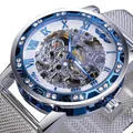 Winner men's skeleton mechanical watch with blue rhinestone bezel and silver mesh strap - Silver Band White Face Blue Case