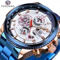 Detailansicht der automatischen mechanischen Uhr von Forsining mit Multifunktionszifferblatt - Blaues Armband Roségoldgehäuse Weißes Zifferblatt Roségold Skala