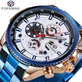 Montre mécanique automatique Forsining luxe pour homme, bleu et or, cadran multifonction - Bracelet Bleu Boîtier Or Cadran Blanc