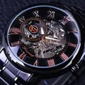 Detailed macro view of Forsining men's black automatic skeleton mechanical watch - Black (Black Case Black Dial Rose Gold Scale)