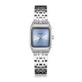 Close-up detail of a silver square quartz watch with a light blue dial and stainless steel band - Silver & Blue