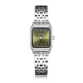 Detailed view of women's square quartz watch with olive green dial and silver steel band. - Silver Green