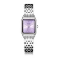Close-up of elegant square quartz watch with purple dial and silver steel band - Silver Purple