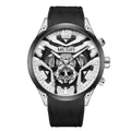 Reloj de cuarzo cronógrafo para hombre MEGIR con correa de silicona negra y esfera blanca - Caja Plateada Bisel Negro Esfera Blanca Correa Negra