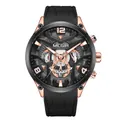 Reloj Cronógrafo Deportivo MEGIR para Hombre con Correa de Silicona Negra y Caja Oro Rosa - Caja Oro Rosa Bisel Negro Esfera Negra Correa Negra
