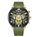 Reloj cronógrafo deportivo MEGIR para hombre con correa de silicona verde oliva - Caja Dorada Círculo Negro Esfera Verde Correa Verde