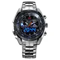 TVG men's silver stainless steel sports watch with blue LED dual display and world time. - Black