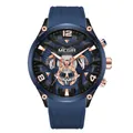 Reloj cronógrafo de cuarzo Megir para hombre con correa de silicona azul y tres esferas - Caja Negra Círculo Azul Esfera Azul Correa Azul