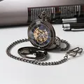 Montre à gousset mécanique vintage en bronze avec cadran évidé et une longue chaîne - Double ouverture / Noir