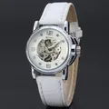 Winner ladies automatic mechanical skeleton watch featuring a stylish white leather strap - White