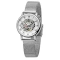 Detailed view of silver skeleton dial and mechanical movement on a women's mesh watch - Silver White Dial