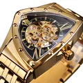 Forsining luxury gold skeleton automatic mechanical watch for men with triangular case - Gold Case Black Dial
