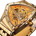 Forsining men's luxury gold automatic mechanical watch with triangular skeleton dial - Gold Case Gold Dial
