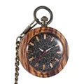Vintage wooden quartz pocket watch featuring an antique bronze chain and crackle dial - Artistic Crack Pattern Style (P979)