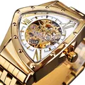 Luxury men's gold automatic mechanical skeleton watch with unique triangle shield case - Gold Case White Dial