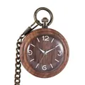 Vintage wooden pocket watch with antique bronze curb chain and analog quartz movement - White Digit Style (P980)