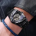 Men's luxury black triangle case skeleton automatic mechanical wristwatch by Forsining - Black Case Black Dial