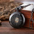 Vintage black mechanical skeleton pocket watch with floral hollow-out cover and chain - Classic Hollow Black Style / Black