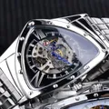 Reloj automático Forsining para hombre con esfera triangular plateada tipo esqueleto. - Caja Plateada Esfera Negra