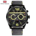 MINI FOCUS men's multi-function quartz watch with black leather strap and yellow accents - Yellow Accents Black Case Black Strap (03)