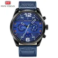 MINI FOCUS men's quartz watch with blue leather strap and multi-function dial - Blue Dial Black Case Blue Strap (04)