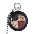 Retro vintage wooden quartz pocket watch with unique four-color spliced dial and metal chain. - Patchwork Wood Style (P987)