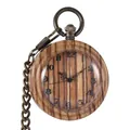 Vintage wooden quartz pocket watch with bronze chain and natural wood grain finish - Carved Pointer Style (P983)