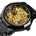 Fashion men's skeleton automatic mechanical watch with rhinestones and gold movement - Black Case Gold Black Dial
