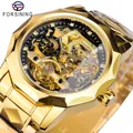 Men's skeleton automatic mechanical watch in gold finish with rhinestone hour markers - Gold Case Black Dial