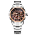 Vista detallada del reloj Winner skeleton con bisel oro rosa y correa de acero inox. - Plata Negro Interior Oro Rosa