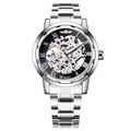Primer plano del reloj mecánico esqueleto Winner para hombre con correa de acero - Esfera Negra de Plata