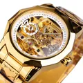 Men's automatic skeleton mechanical watch in luxury gold finish with crystal markers - Gold Case White Dial
