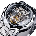 Luxury men's skeleton automatic mechanical watch with sparkling rhinestone hour markers - Silver Case Black Dial