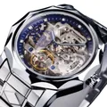Silver skeleton automatic mechanical watch with blue rhinestone dial and steel band - Silver Case Blue Dial