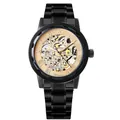 Detalle frontal del reloj mecánico esqueleto Winner para hombre con correa de acero negro - Caja Negra Esfera Dorada Letras Doradas