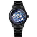 Vista detallada del reloj mecánico manual para hombre Winner con esfera azul calada - Caja Negra Negro Interior Azul Esqueleto