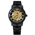 Vista detallada de un reloj mecánico Winner para hombre con engranajes dorados y correa negra. - Caja Negra Esfera Negra Marcador Dorado