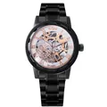 Detalle del reloj mecánico Winner para hombre con esfera esqueleto negra y correa de metal. - Caja Negra Blanco Interior Oro Rosa