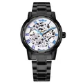 Vista detallada del reloj mecánico de esqueleto WINNER para hombre en negro - Caja Negra Blanco Interior Plata Esqueleto