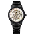 Primer plano del reloj mecánico manual WINNER para hombre con correa de acero negro - Caja Negra Esfera Blanca Letras Doradas