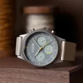 Close-up of CILOA men's solar powered chronograph watch with grey dial and sub-dials - Leather Strap Style / Gray