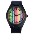 Herenhorloge met een kleurrijk gestreepte houten wijzerplaat en zwart lederen band - Veelkleurige Gestreept Houten Wijzerplaat (QT800)
