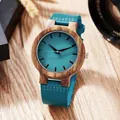 Montre en bois pour homme avec cadran bleu sarcelle et bracelet en cuir - Montre Bois Cuir Cadran Bleu (W390-2)