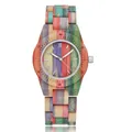 Montre en bois artisanale aux rayures colorées avec bracelet à maillons et chiffres romains - Cadran Romain Rayé Multicolore Femme (W296 Femme)