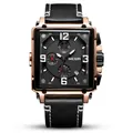 MEGIR retro square chronograph watch for men with black leather strap and rose gold case - Black Dial Rose Gold Case Black Strap