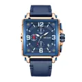 MEGIR men's quartz watch featuring a square blue dial and navy blue leather strap - Blue Dial Rose Gold Case Blue Strap Style (2061GBN-1N7)