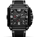 MEGIR men's vintage square quartz watch with black leather strap and multi-function dials - All Black